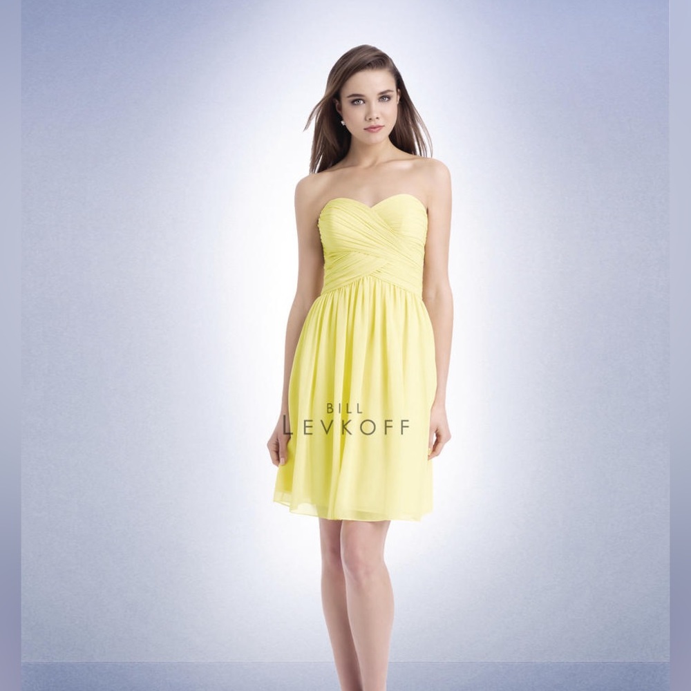 Bill Levkoff Canary Yellow strapless Bridesmaid short dress